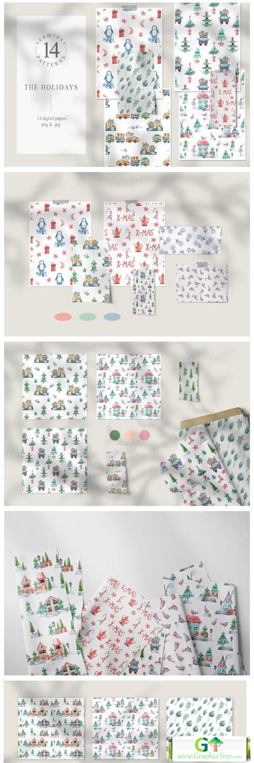 Watercolor Christmas Seamless Patterns [Vector] [Textures & Patterns]