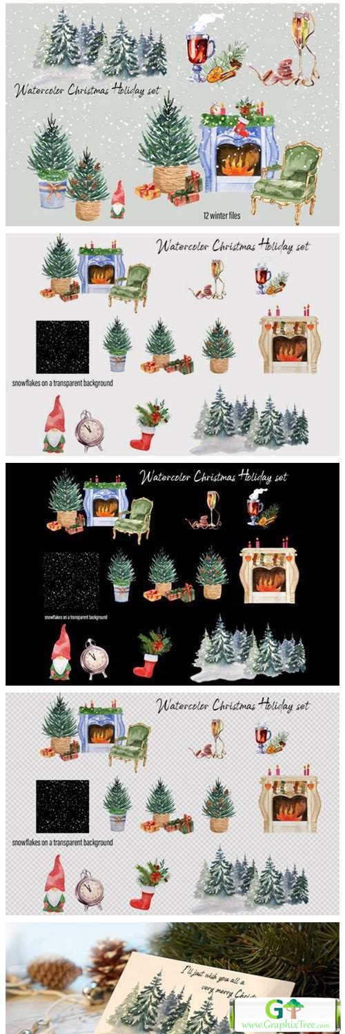 Watercolor Christmas Clipart Scene Creat [Vector] [Holiday & Party]